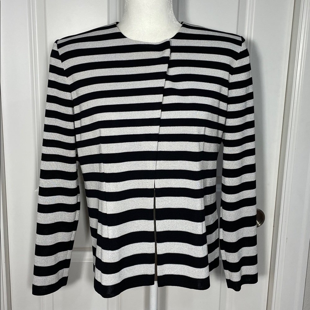 Misook Shimmery Stripe Jacket Knit Cardigan Size XL Asymmetrical  Black